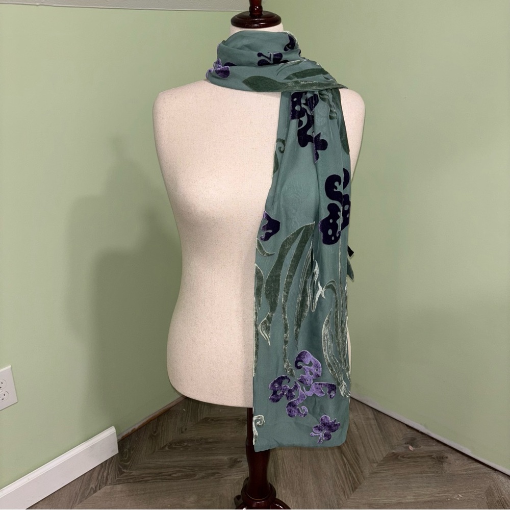 Zazou Luxe Purple Green Silk Blend Rectangle Scarf Boho Fairy Butterfly